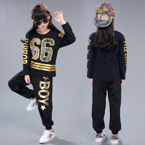 Black with gold fashion boys girls baby children school competition hip hop modern dance outfits costumes